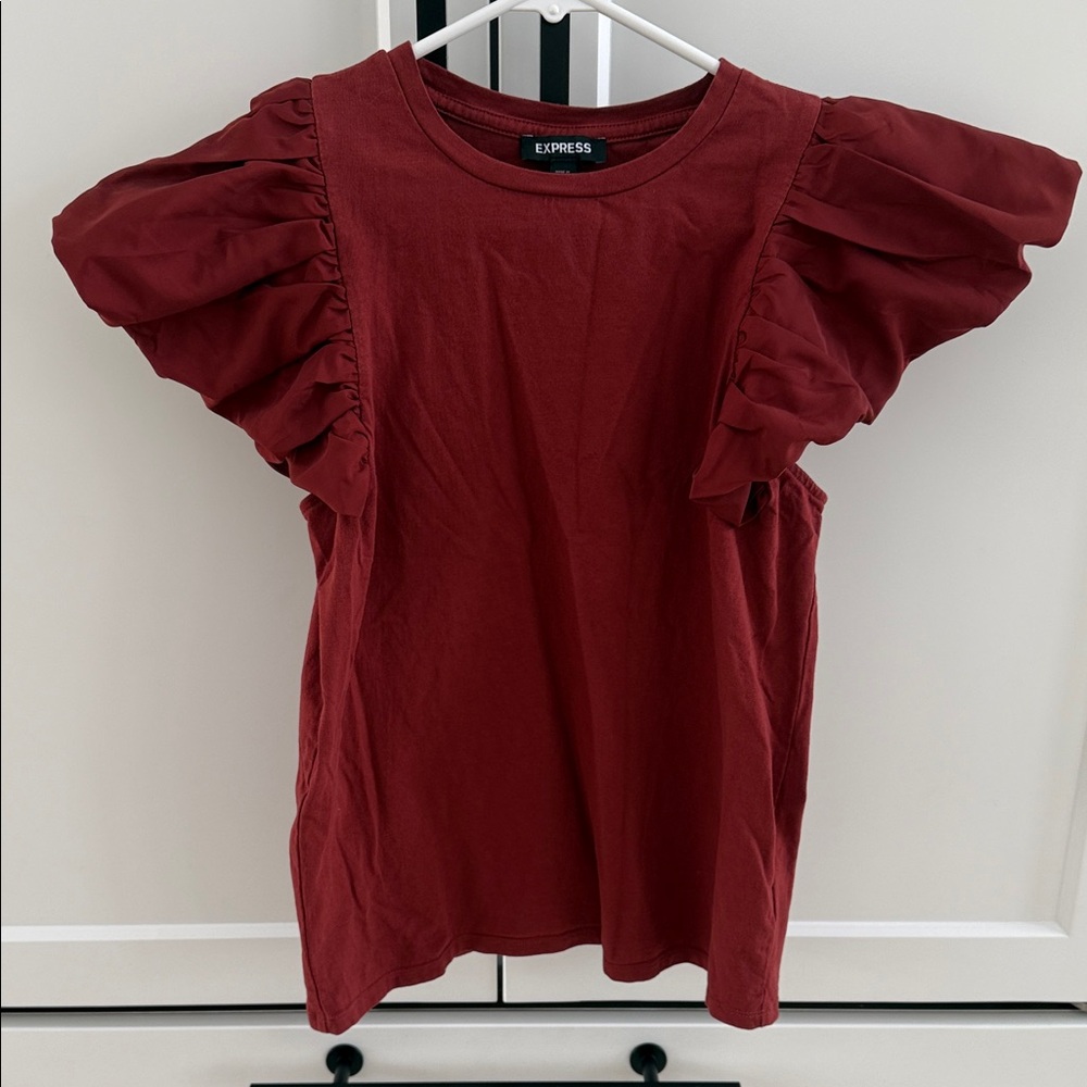 Express Women's Burgundy Ruffle Sleeve Tee